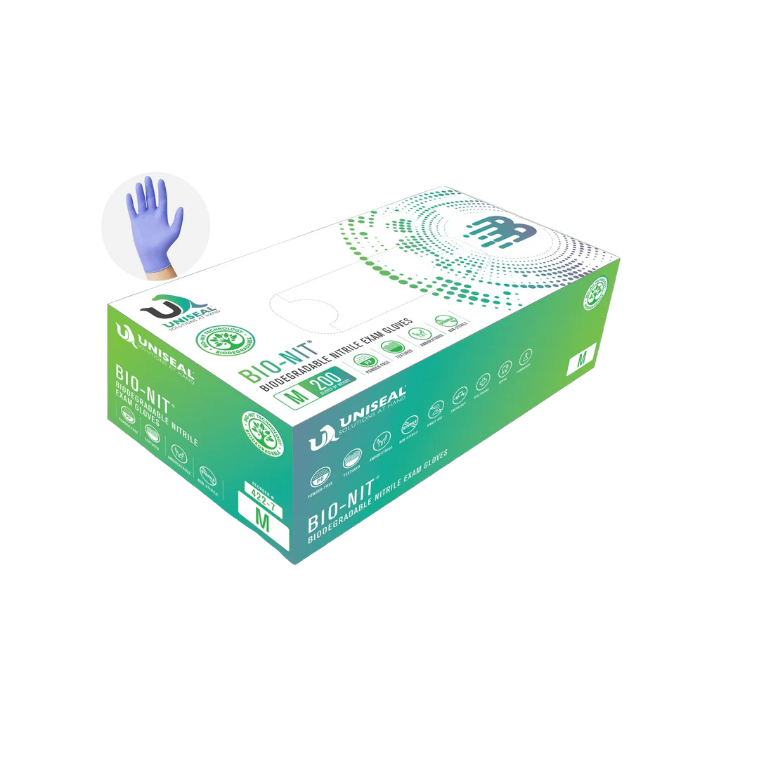 BIO-NIT biodegradable nitrile examination gloves box with a violet-blue glove