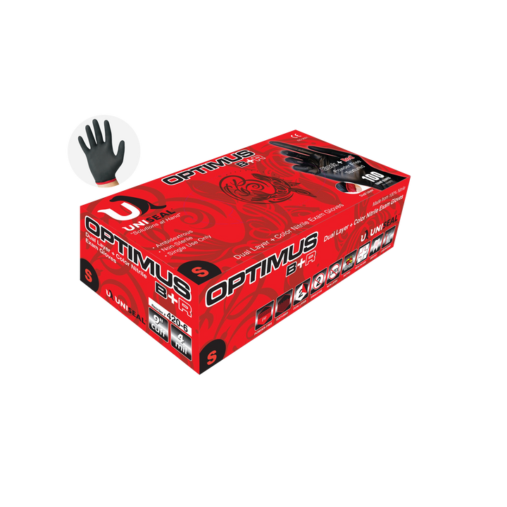 Uniseal® OPTIMUS™ EXTREME – BLACK & RED Specialty Colored Nitrile Exam Gloves (Case)